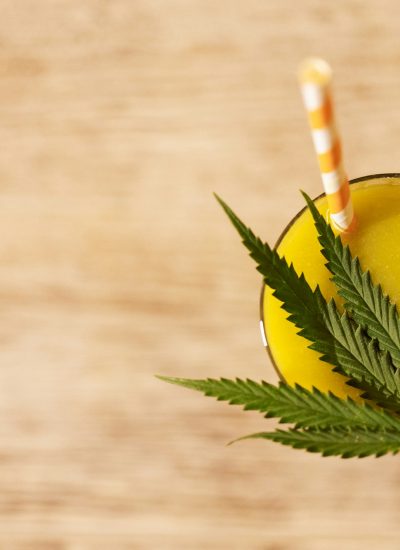 Delicious chilled cocktail with a cannabis leaf. Top view. Delicious fruit drink with hemp